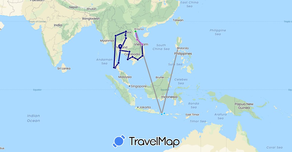 TravelMap itinerary: driving, bus, plane, train, boat in Indonesia, Cambodia, Laos, Philippines, Thailand, Vietnam (Asia)